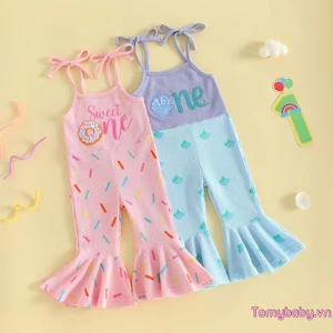 Bộ áo liền quần sinh nhật cho bé gái Dây đeo thêu chữ loe Jumpsuit