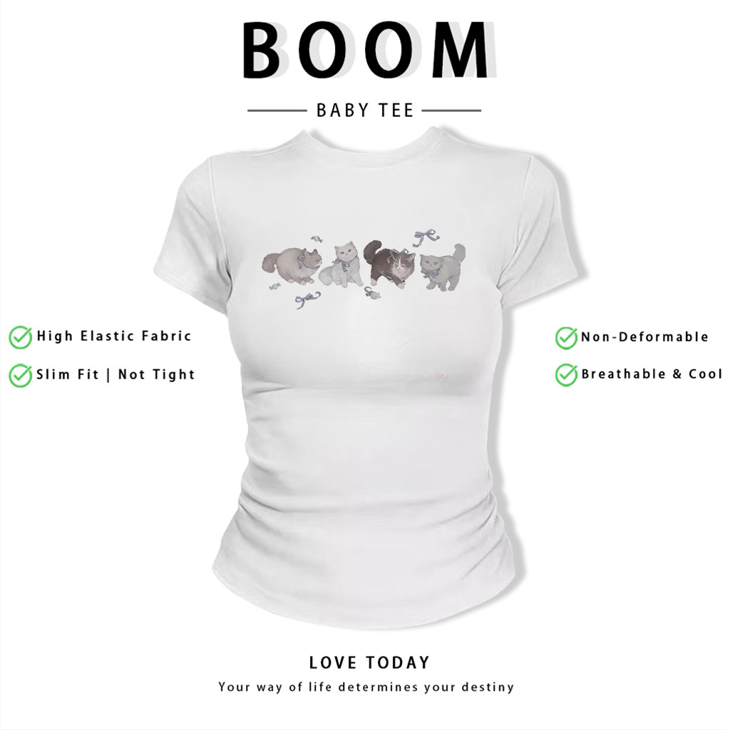 BOOM Áo Baby Tee Nữ Cotton Ôm Body-Áo Thun Ngắn Tay Y2K In Hình PhongCách Mùa Hè, Cổ Tròn Hàng Đầucách hàn quốc phongR66