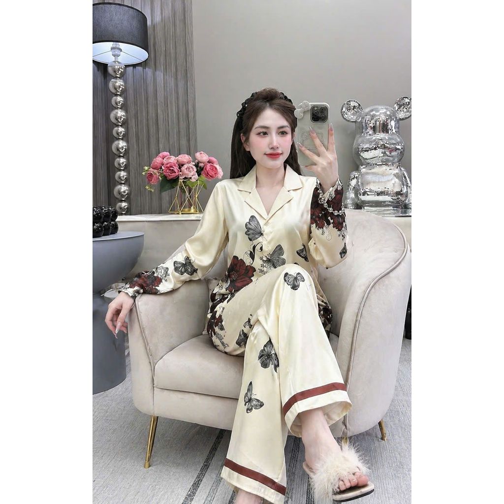 SSLL BBộ đồ ngủ lụa satin nữ cao cấp họa tiết sang trọng – Pijama dài tay mềm mịn, mặc nhà thanh lịch.