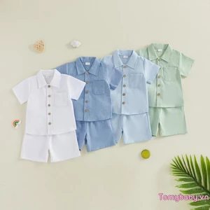 Bộ áo sơ mi ngắn tay có nút cài áo mùa hè cho bé trai + Trang phục quần Short màu trơn