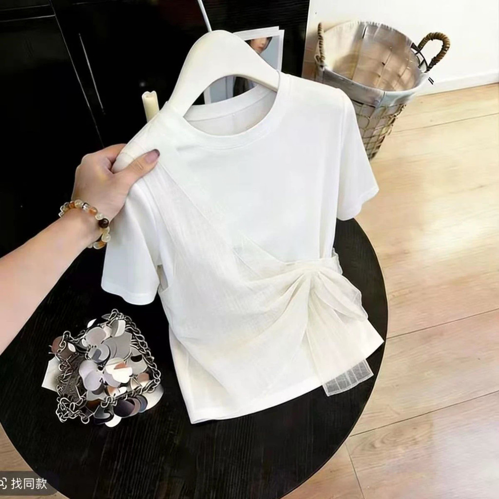 Áo thun nữ thiết kế gạc ngắn tay Phong cách mới không đều sang trọng Slim