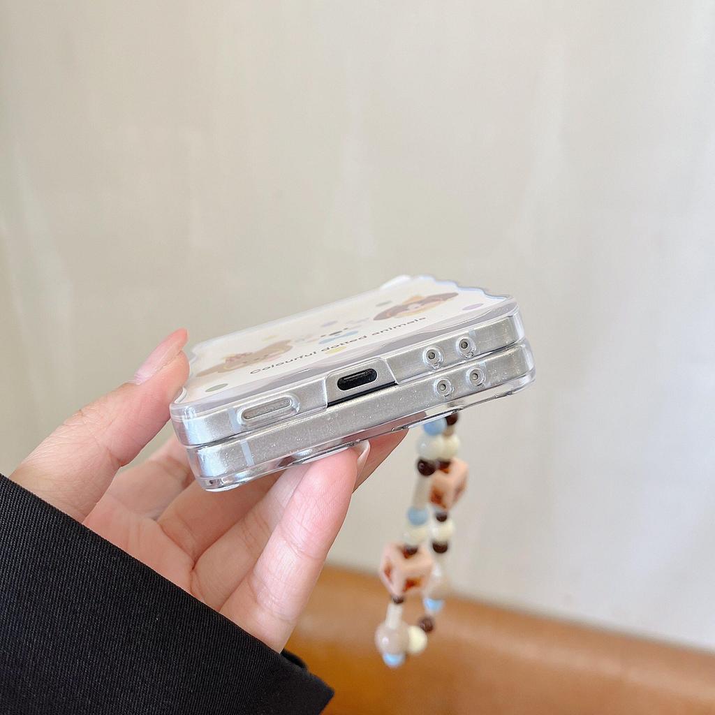 Tương thích với Samsung Galaxy ZFlip7 ZFlip6 Vỏ điện thoại hình gấu chấm bi bao gồm dây buộc và vỏ cứng gấp bảo vệ cho ZFlip 7 6 5 4 3 5G N3 Flip Mix Flip Flip