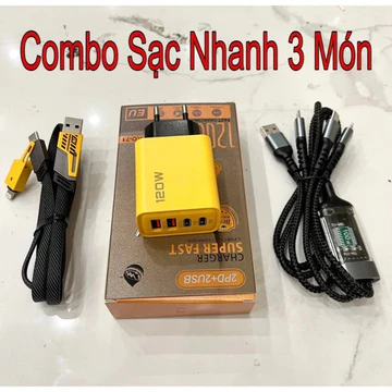 45Combo Sạc Nhanh 3 Món : Củ Sạc Nhanh 120w 4 Cổng,Cáp Sạc Nhanh 100w 3 Đầu, Cáp Sạc 4 Đầu (Cáp 4in1)