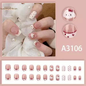 TRTR 24 Cái Hoạt Hình Dễ Thương Pháp Chấm Trái Tim Bướm Đỏ Chó Hình Vuông Ngắn Móng Tay Giả Có Thạch Dính Có Thể Tháo Rời Móng Tay Giả VN
