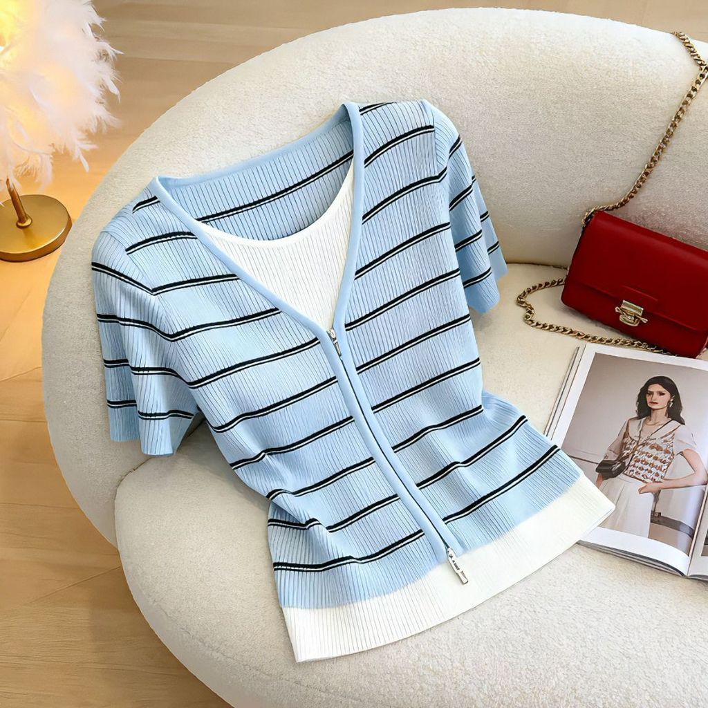 Mùa hè Phong Cách Mới Hơi Béo Quần Áo Nữ Thời Trang Niche Màu Sắc Tương Phản Giả Áo Len Sọc Hai Mảnh | Tay ngắn sang trọng Top Slimer Look Cover Thịt, Thiết kế dây kéo Cardi