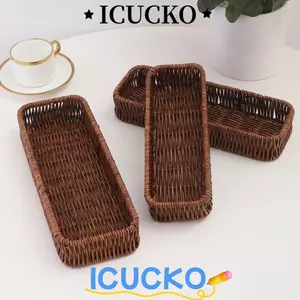 Giỏ lưu trữ mây giả ICUCKO, Khay giả hình chữ nhật bằng nhựa, Giỏ dã ngoại trang trí bàn làm việc đa năng thời trang