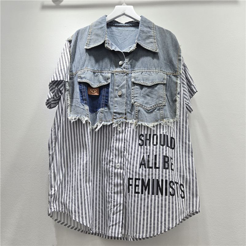Châu Âu Khâu Màu Sắc Tương Phản In Chữ Denim Áo Sơ Mi Tay Ngắn Phong Cách Thoáng Mát Nữ Mùa Hè Rời Fried Street Áo Sơ Mi