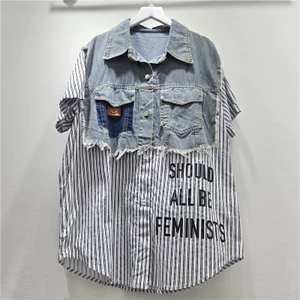 Châu Âu Khâu Màu Sắc Tương Phản In Chữ Denim Áo Sơ Mi Tay Ngắn Phong Cách Thoáng Mát Nữ Mùa Hè Rời Fried Street Áo Sơ Mi