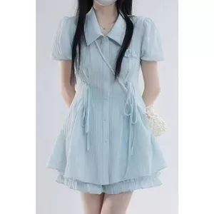 Icing Blueberry Sweet Blue Áo Sơ Mi Tay Ngắn Phối Ren Mùa Hè Phù Hợp Với Quần Short Ren Hai Mảnh Eo Cao