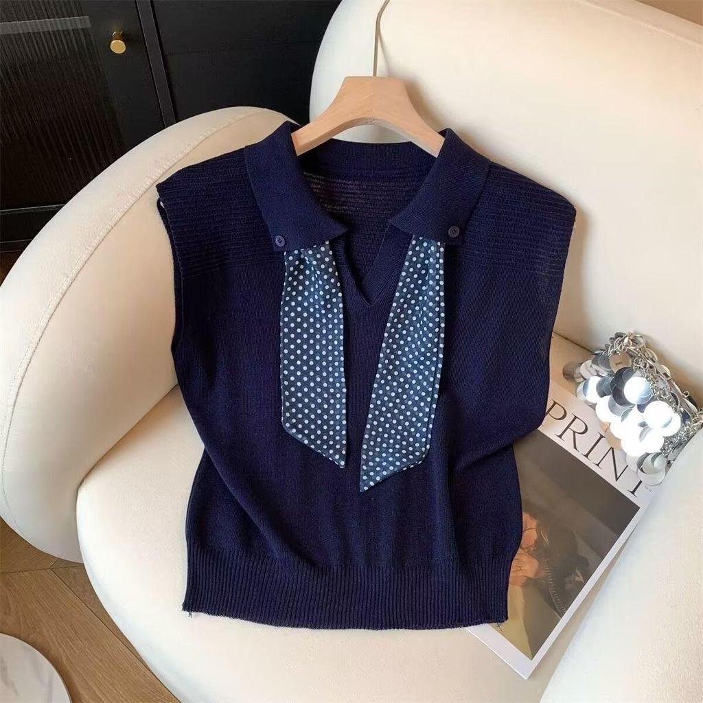 [Hàng mới về] Mùa hè Hàn Quốc Cổ áo polo Thời trang Ve áo Khăn lụa Thiết kế Sense Đan Áo len Top