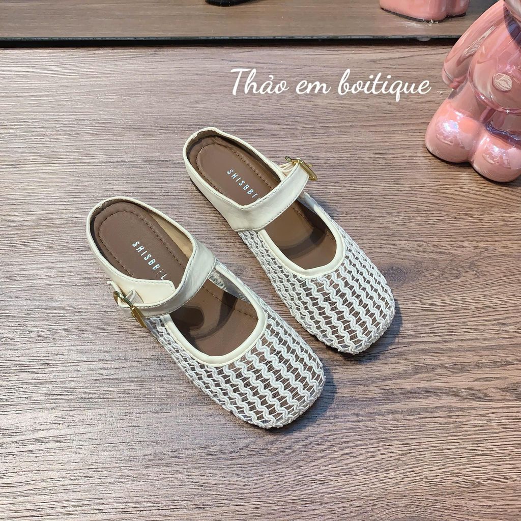 [Thảo Em - SL655] Sục lưới nữ đế bệt mũi tròn quai ngang phối khuy vàng [Sẵn Hàng].