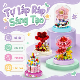 Mô hình khối xây dựng 3D – Hoa bất tử – Có giá đỡ đèn & vỏ che bụi – Lắp ráp hoa để bàn, quà sinh nhật tặng bạn gái