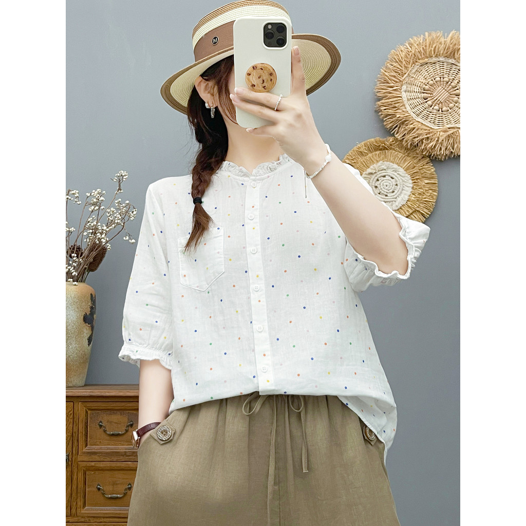 Áo sơ mi nữ cổ chấm bi tay vừa, vải cotton cao cấp, họa tiết chấm bi nhỏ kiểu Pháp