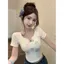 Áo thun ngắn tay vai trước Dopamine Bow Knot Nữ mùa hè Pure Desire Sweet Hot Girl Short Style Card Eo Small Top H