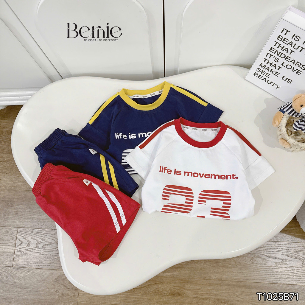 Set cộc tay thể thao in số cá tính Bernie, Bộ cotton cộc tay co giãn thoáng mát cho bé trai 9-28kg