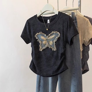 Niche Hơi Béo mm Plus Size Nữ Xuân Hè Mỏng Hơn Nhìn Ngọt Cay Top Áo Thun Tay Ngắn Miếng Dán Thêu Bướm e