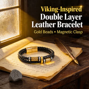 Vòng tay da nam nữ hai lớp - Hạt vàng Viking màu đen bện - 3 kích cỡ Dây đeo cổ tay Bắc Âu