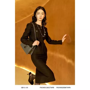 Áo khoác dạ tweed sợi đen túi ngực thiết kế Elise FW2409136OCTWPB