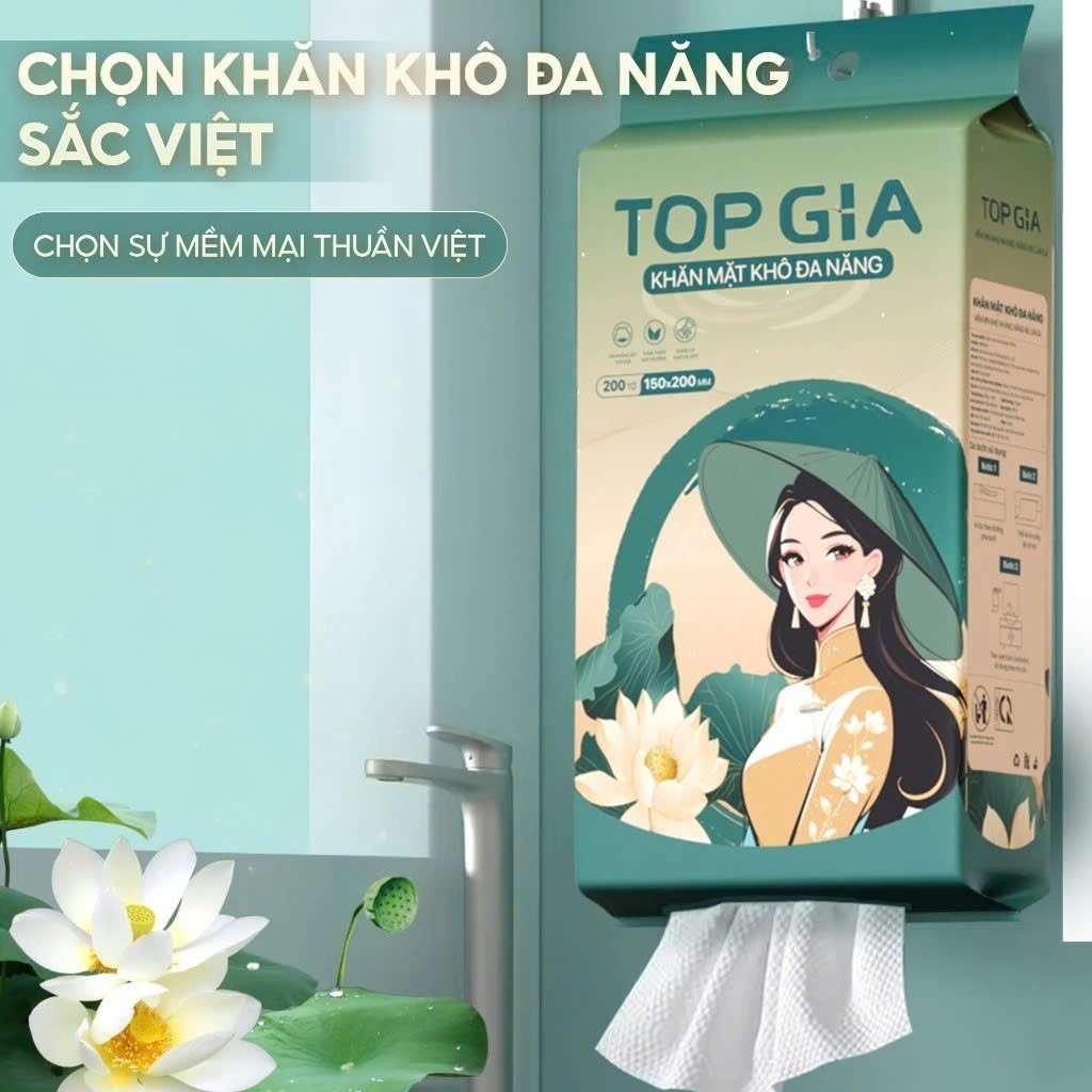 Khăn vải khô đa năng Top Gia, bịch 200 tờ Sắc Việt rút treo tường an toàn cho da tặng móc treo
