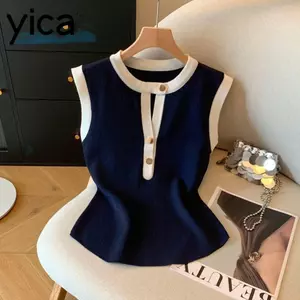 Áo vest nữ dệt kim YICA, cổ tròn slim fit, xu hướng thời trang không tay