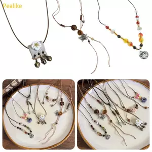 Mặt Dây Chuyền Dân Tộc Trung Quốc Vintage, Hạt Xương Đòn Cá Tính, Dây Dài Không Đều