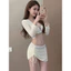 Bikini Nữ 3 Mảnh Màu Trắng Phối Charm Lấp Lánh Kèm Áo Khoác Lưới Và Váy Rút Dây Quyến Rũ Đi Biển Hồ Bơi Sang Chảnh