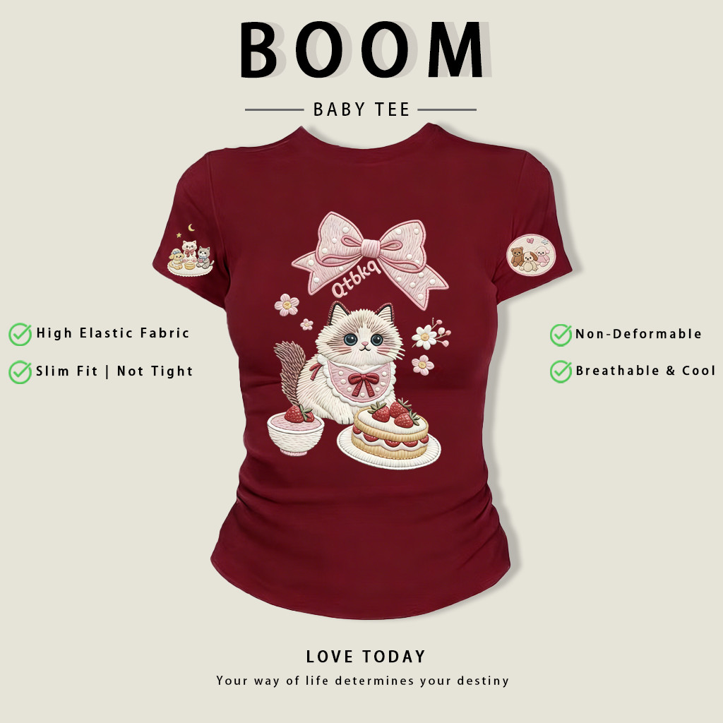 BOOM Áo thêu Baby Tee Nữ Cotton Ôm Body-Áo Thun Ngắn Tay Y2K In Hình PhongCách Mùa Hè, Cổ Tròn Hàng Đầucách hàn phong#02