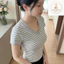 Áo thun Cổ Tim sọc viền nữ chiết eo basic, áo phông nữ ôm body cộc ngắn tay vải cao cấp co giãn A006