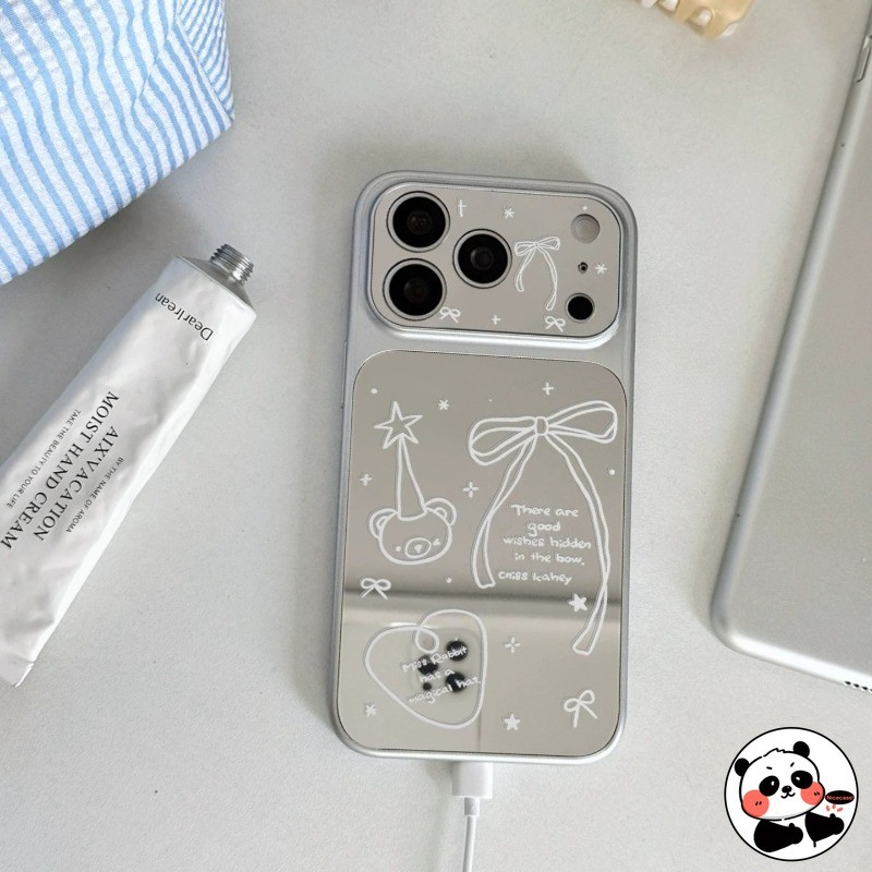 Ốp Điện Thoại Gương Gấu Dễ Thương Cho Samsung Galaxy A56 A55 A54 A53 A52 A52S A36 A35 A34 A33 A32 A17 A16 A15 M15 F15 5G 4G Vỏ Sang Trọng Hoạt Hình Thanh Lịch Nơ Bạc Vỏ Mềm
