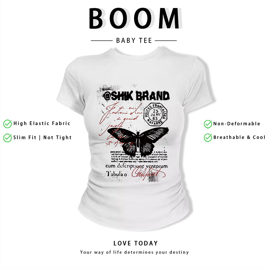 BOOM Áo Baby Tee Nữ Cotton Ôm Body-Áo Thun Ngắn Tay Y2K In Hình PhongCách Mùa Hè, Cổ Tròn Hàng Đầucách hàn quốc phongK06