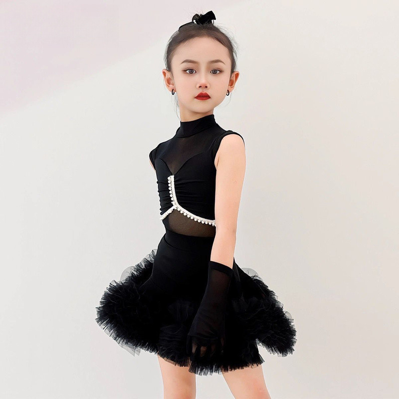 ✧❀✧ Chân Váy Khiêu Vũ Latin Tiêu Chuẩn Cuộc Thi Cô Gái Trang Phục Váy Cổ Cao Lưới Nối Vải Phồng