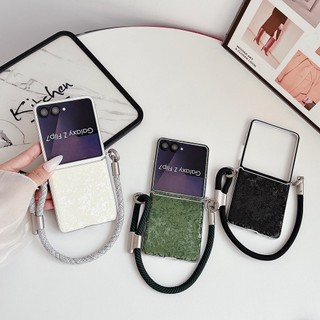 Ốp điện thoại da họa tiết vỏ sang trọng cho Samsung Galaxy Z Flip 7 FE 6 5 Flip7 Flip6 Flip5 5G Vỏ bảo vệ có dây buộc