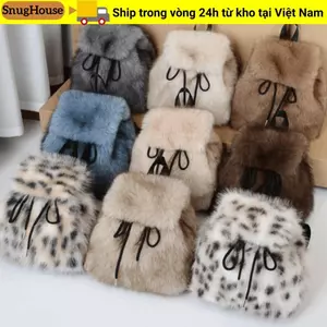 SNUGHOUSE Ba Lô Sang Trọng, Lông Thú Giả Nhỏ Lông Tơ Túi, Dây Rút Dễ Thương Da Báo Lông Cừu Mềm Ba Lô Nữ