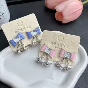 Bạc Kim Dầu Nhỏ Giọt Nơ Mèo Con Sao Thổ Bông Tai Sáng Tạo Thời Trang Ngọt Ngào Bông Tai Cao Cấp