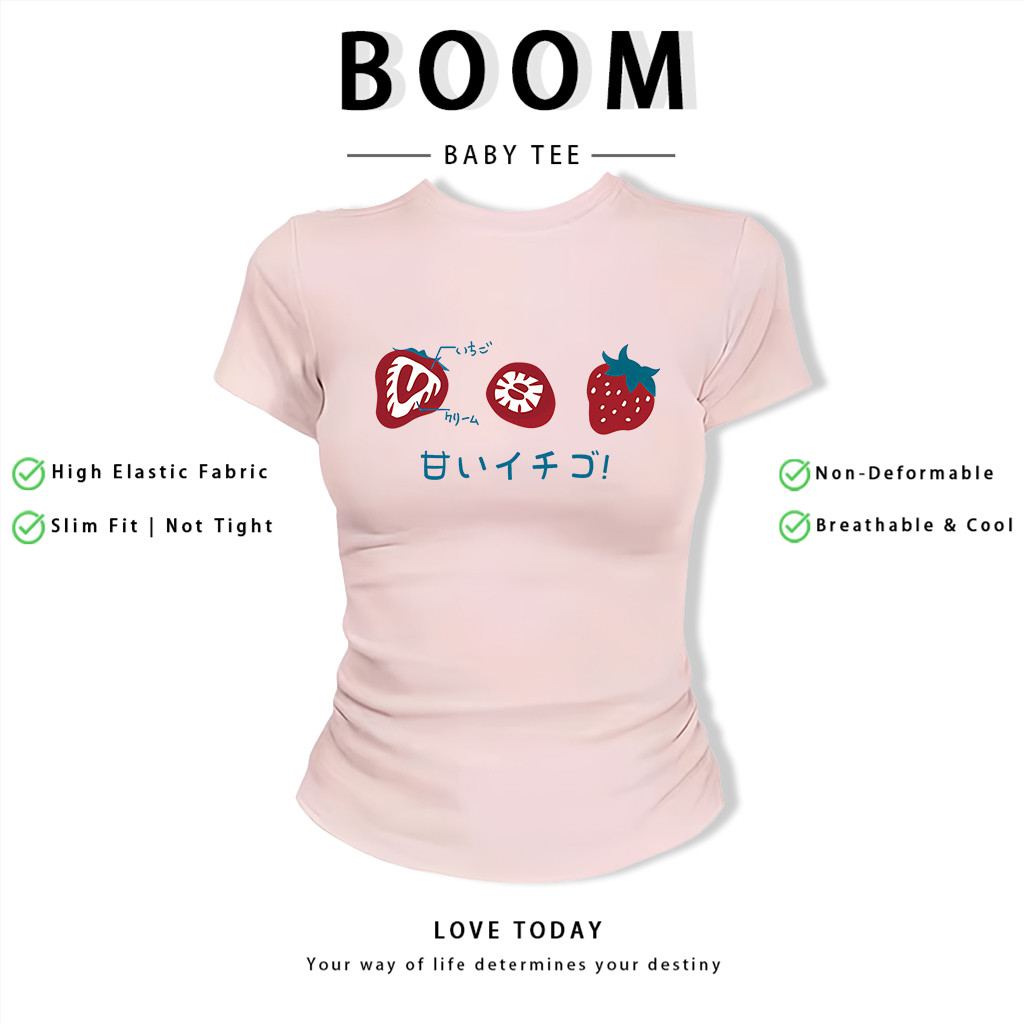 BOOM Áo Baby Tee Nữ Cotton Ôm Body-Áo Thun Ngắn Tay Y2K In Hình PhongCách Mùa Hè, Cổ Tròn Hàng Đầucách hàn quốc phongV02