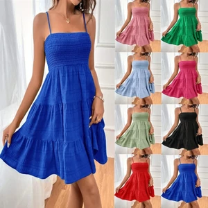 Thời Trang Nữ Spaghetti Dây Đeo Smocked Bustier Mini Dress Màu Xanh Xù Tầng Xoay Đầm Mùa Hè Thường Ngày Kỳ Nghỉ Đi Biển Mặc