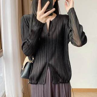 Miyake Xếp Ly Áo Khoác Thời Trang Rời Mỏng Hơn Nhìn Dây Kéo Cardigan Cổ Tròn Thu Đông Cao Cấp Xếp Ly Dây Rút Nữ