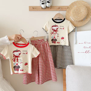 Quần Short kẻ sọc ngắn tay bé gái Bộ đồ mùa hè phiên bản Hàn Quốc Bộ đồ hai mảnh Cotton nguyên chất 90-150 Size AX8B
