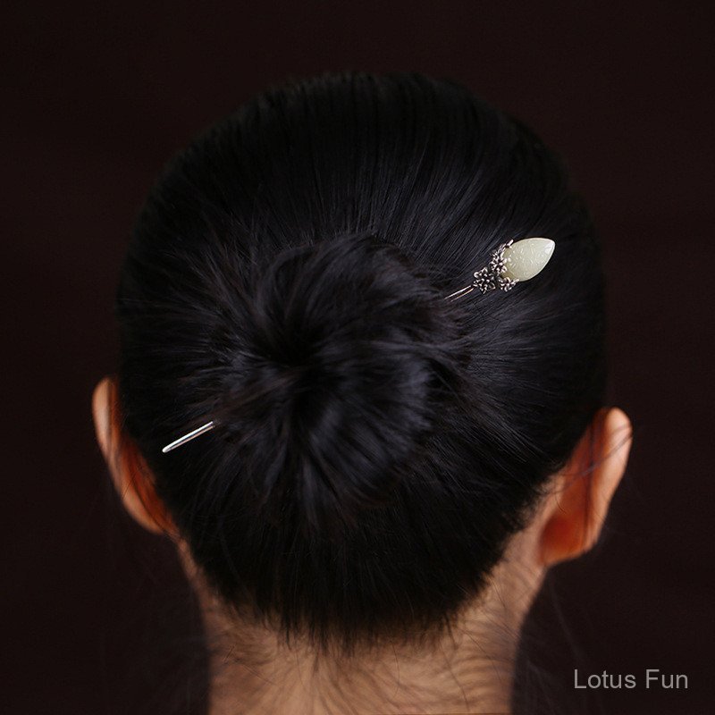 Kẹp tóc đính đá Hetian dát bạc thủ công Tính khí cổ điển đơn giản Hanfu Pan Hair Bun Mũ đội đầu và quà tặng Quà tặng ngày lễ tình nhân