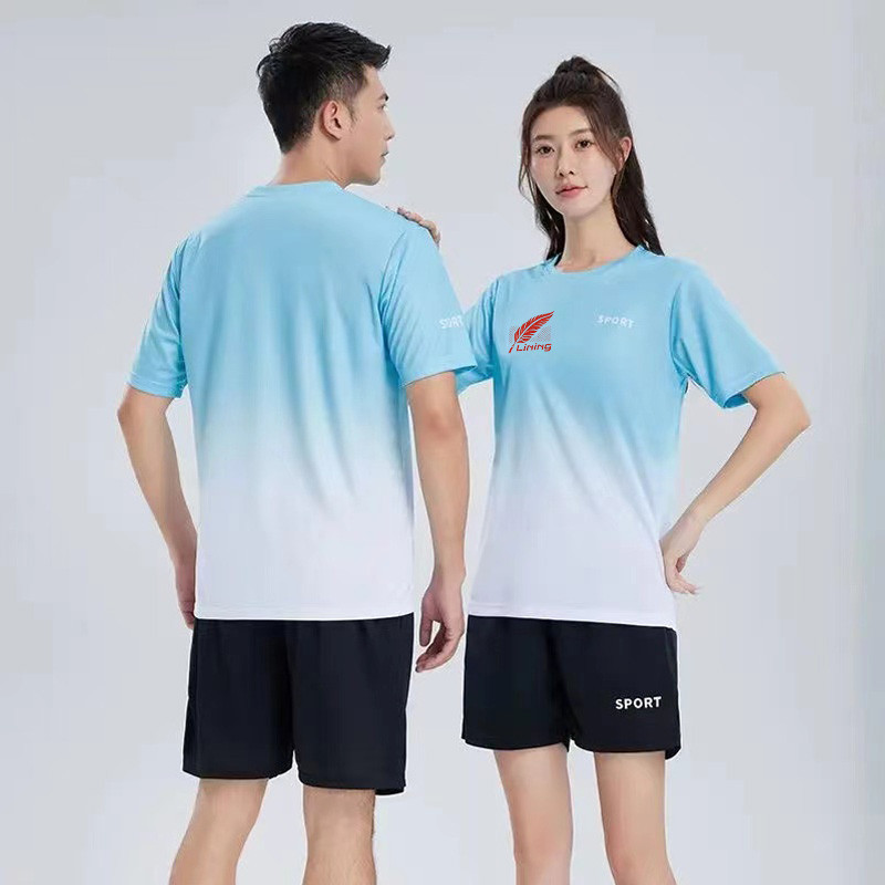 Bộ đồ cầu lông gradient nổi tiếng trên internet Li Ning, vải khô thoáng mát và nhanh chóng, bộ tay ngắn thể thao phong cách cặp đôi