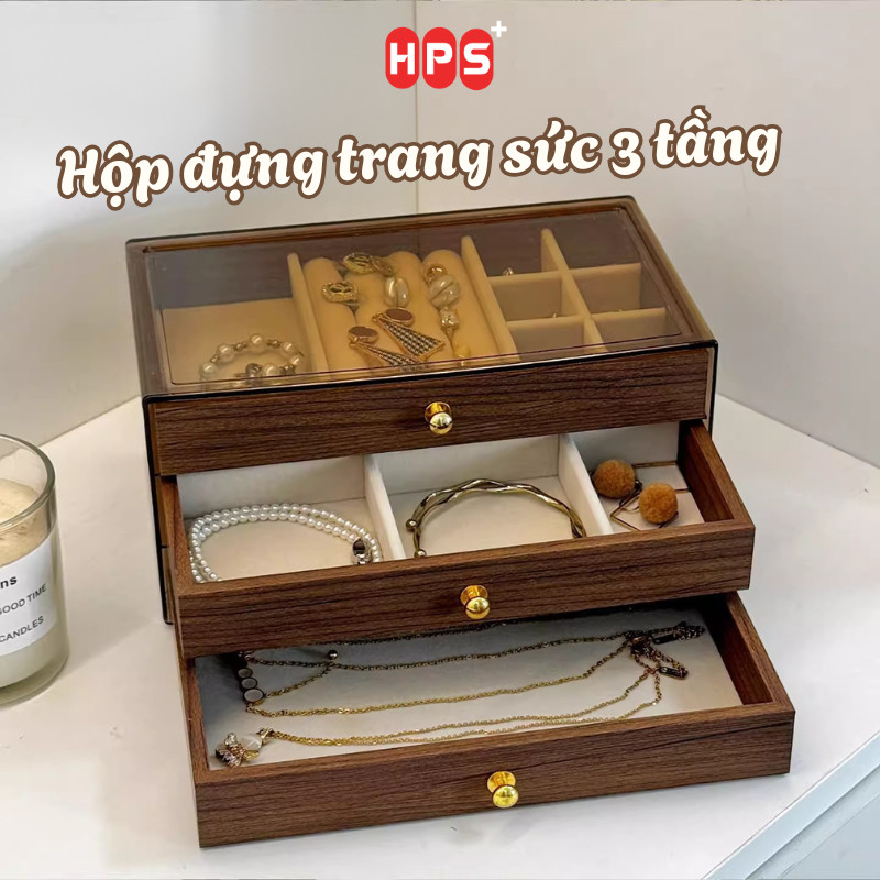 Hộp Đựng Trang Sức HomeMate Gỗ Lót Nhung Cao Cấp, Khay Đựng Nhẫn Dây Chuyền Bông Tai 3 Tầng Nắp Trong Suốt