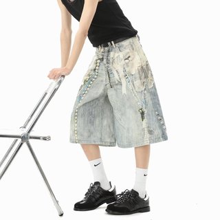 Quần short denim nam GKSSS, phong cách hip-hop Mỹ, chất lượng đường phố cao cấp, phong cách trung tính