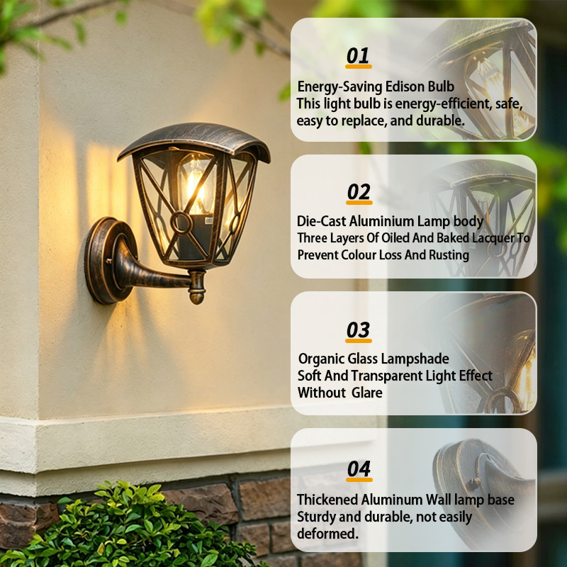 Đèn tường ngoài trời, Đèn tường bằng nhôm và kính chống nước cổ điển của Mỹ — Đèn chiếu sáng trang trí cho biệt thự, sân và cổng