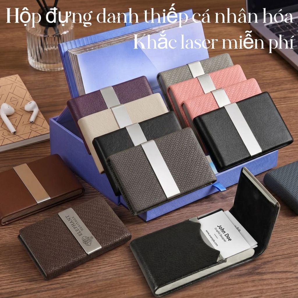 Hộp đựng danh thiếp cá nhân, Hộp đựng thẻ da, Hộp đựng thẻ tùy chỉnh có văn bản & Logo, Hộp đựng thẻ có khắc tên