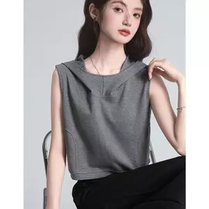 Thiết kế dây có mũ trùm đầu cho nữ Mùa hè 2026 Phong cách mới Áo nỉ màu xám Áo vest Hot Girl Áo ngắn tay