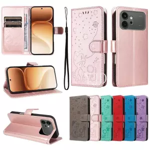 YJD Ốp Lưng Cho Honor 600 Pro Dập Nổi Mèo Và Ong Da Khe Cắm Thẻ Dây Đeo Tay Chống Rơi Vỏ Điện Thoại