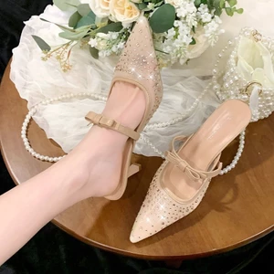 Giày trượt nữ màu mơ có lưới, kim cương giả, mũi vuông và la cao gót