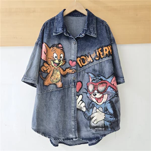 Dạo phố áo sơ mi nữ thời trang, họa tiết denim hoạt hình vui nhộn, phù hợp mùa hè