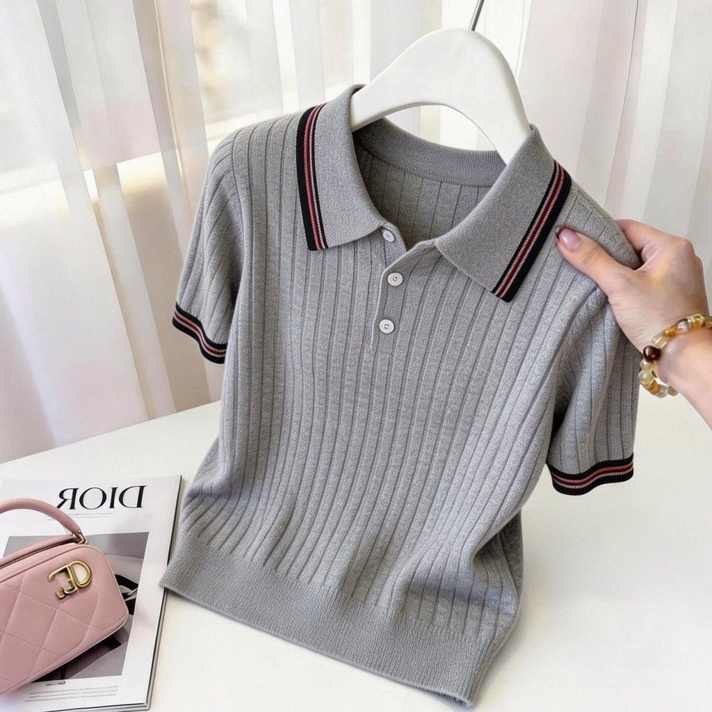 Phiên Bản Hàn Quốc Sợi Cotton Màu Xám Dệt Kim Áo Sơ Mi Polo Mùa Hè Phong Cách Mới Thời Trang Đi Lại Phù Hợp Với Thời Trang Mỏng Hơn Nhìn Top Tính Khí Thanh Lịch Thường Ngày Thiết Kế Đơn Giản Niche Cảm Giác Cao Cấp Nữ Ngắn-