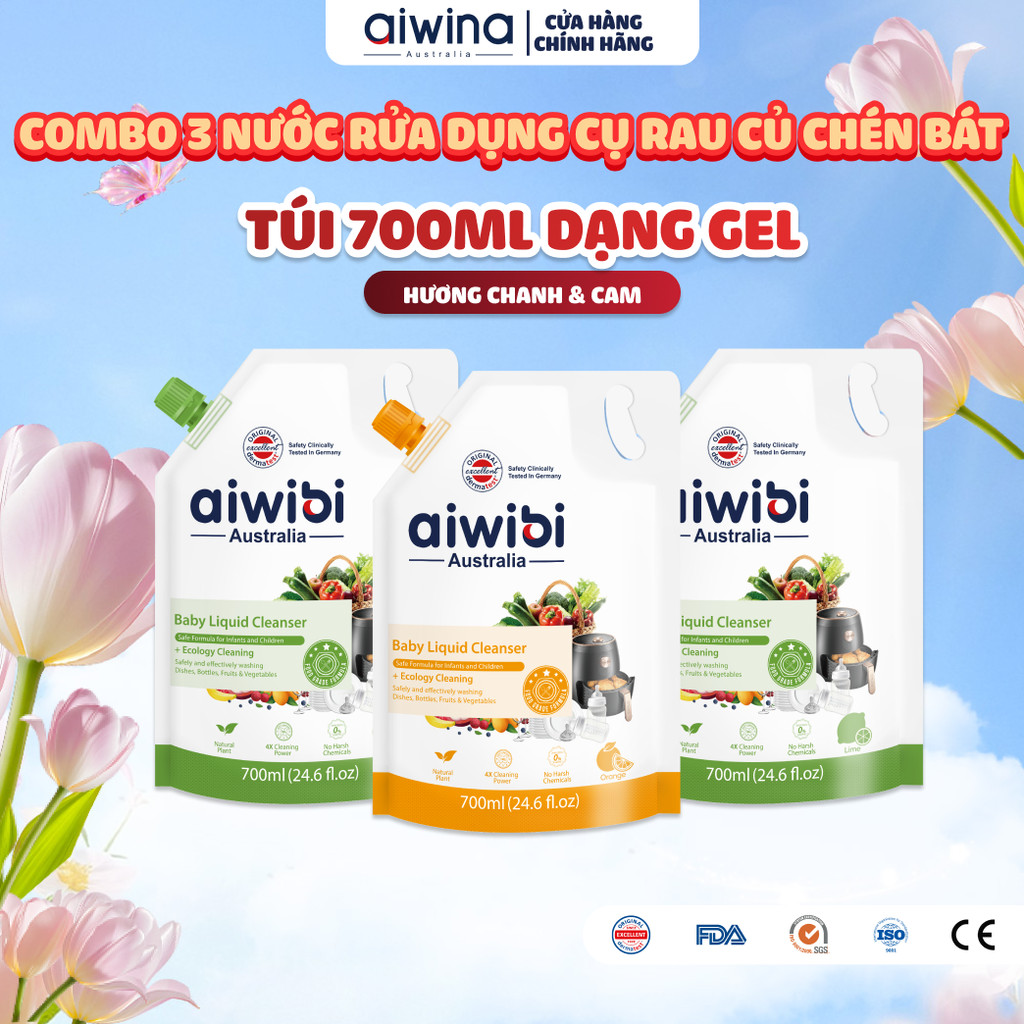 [Combo 3] Nước Rửa Bình Sữa, Rau Củ Quả Aiwibi An Toàn Cho Bé, An Tâm Gia Đình (Túi 700ml Dạng Gel)